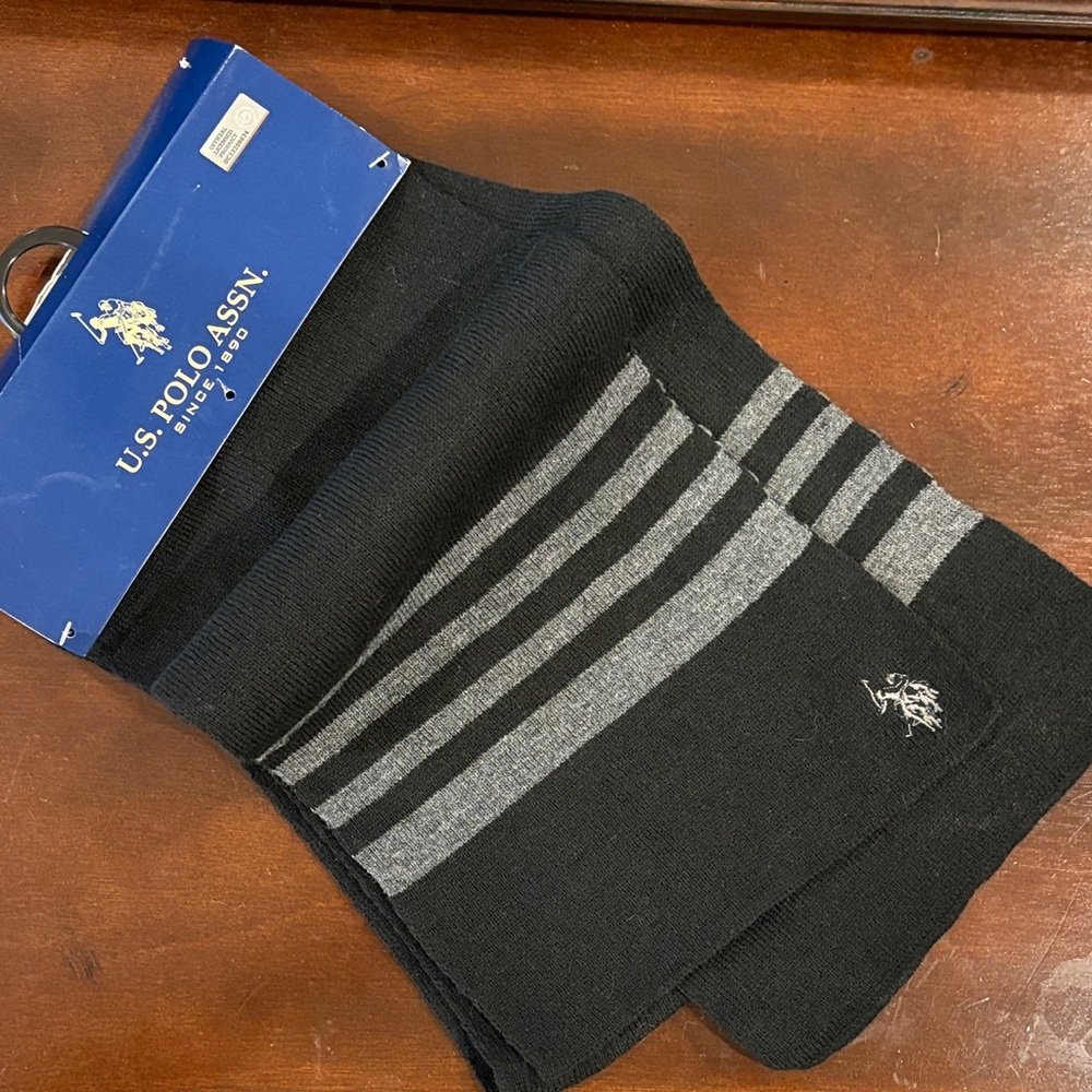 U.S. Polo Assn. Men's Striped Black and Gray Scarf